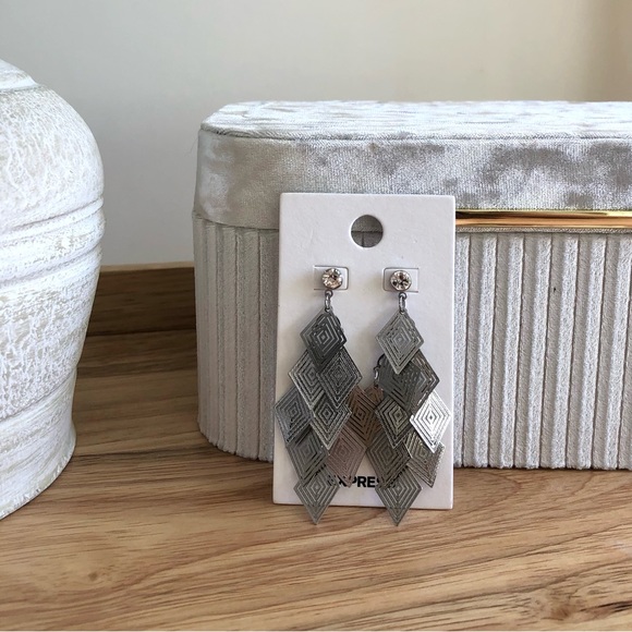 Express Silver Dangle Drop Earrings NEW faux diamond stud detail - Picture 5 of 14